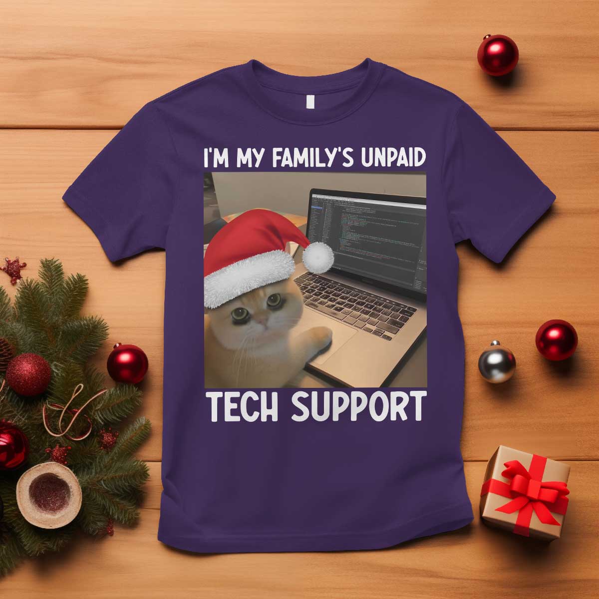 Funny Tech Support Cat Christmas T Shirt - Wonder Print Shop
