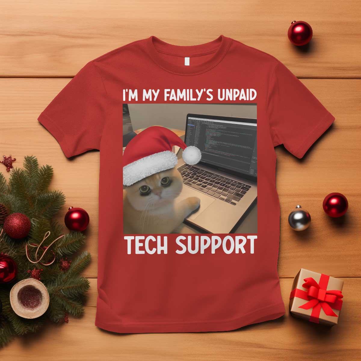 Funny Tech Support Cat Christmas T Shirt - Wonder Print Shop