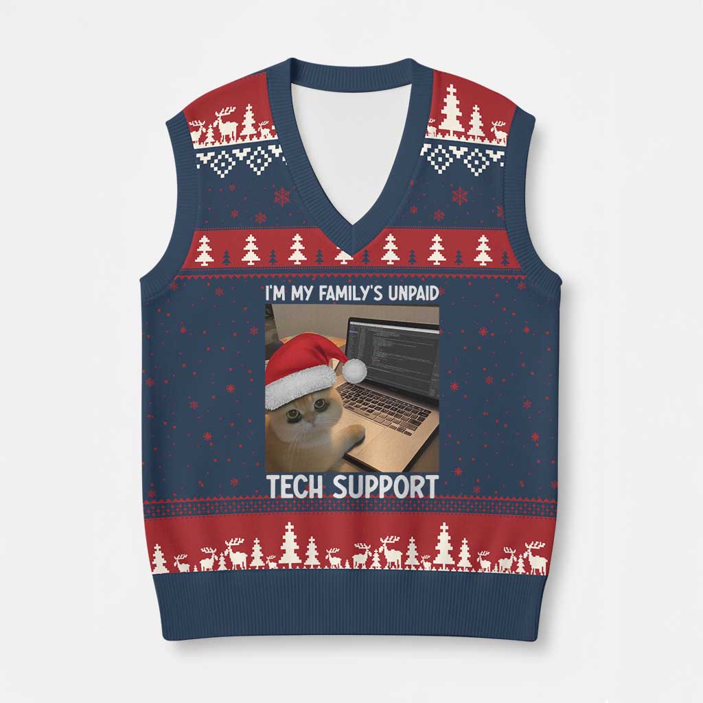 Funny Tech Support Cat Xmas V-Neck Knit Sweater Vest - Wonder Print Shop