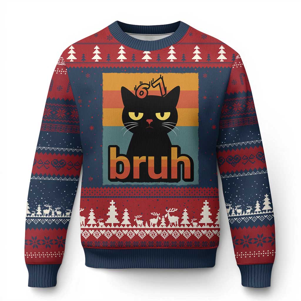 67 Six Seven Bruh Cat Meme Ugly Christmas Sweater Cute Black Cat Funny Saying - Wonder Print Shop