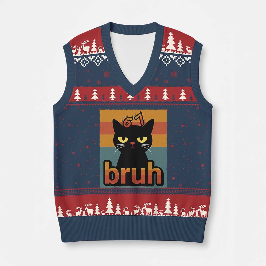 67 Six Seven Bruh Cat Meme V-Neck Knit Sweater Vest Cute Black Cat Funny Saying - Wonder Print Shop