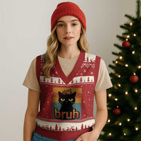 67 Six Seven Bruh Cat Meme V-Neck Knit Sweater Vest Cute Black Cat Funny Saying - Wonder Print Shop