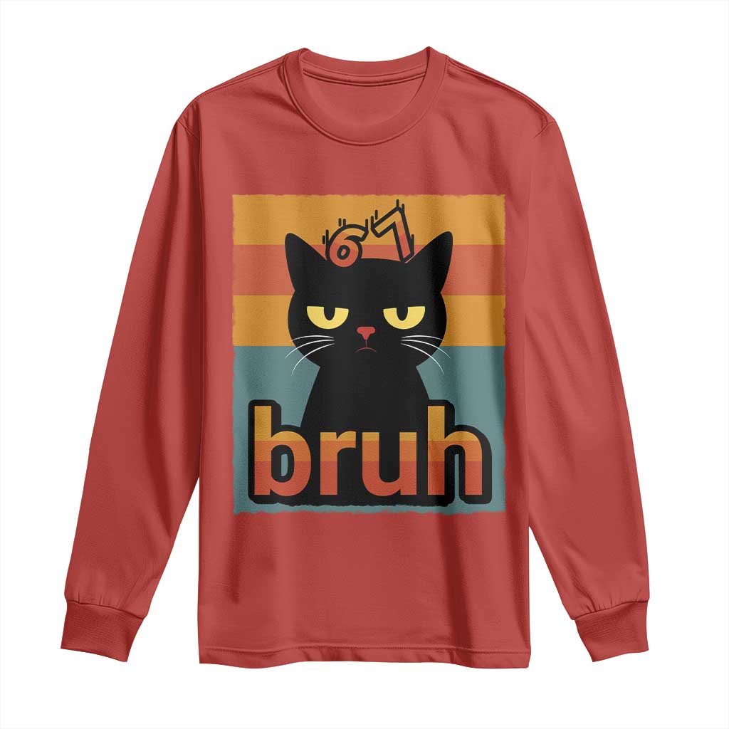 67 Six Seven Bruh Cat Meme Long Sleeve Shirt Cute Black Cat Funny Saying - Wonder Print Shop