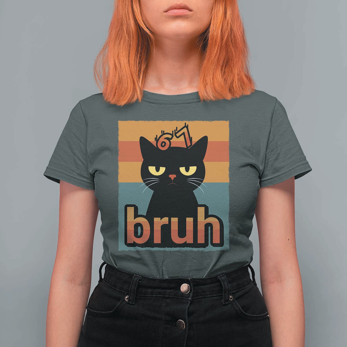 67 Six Seven Bruh Cat Meme T Shirt For Women Cute Black Cat Funny Saying - Wonder Print Shop