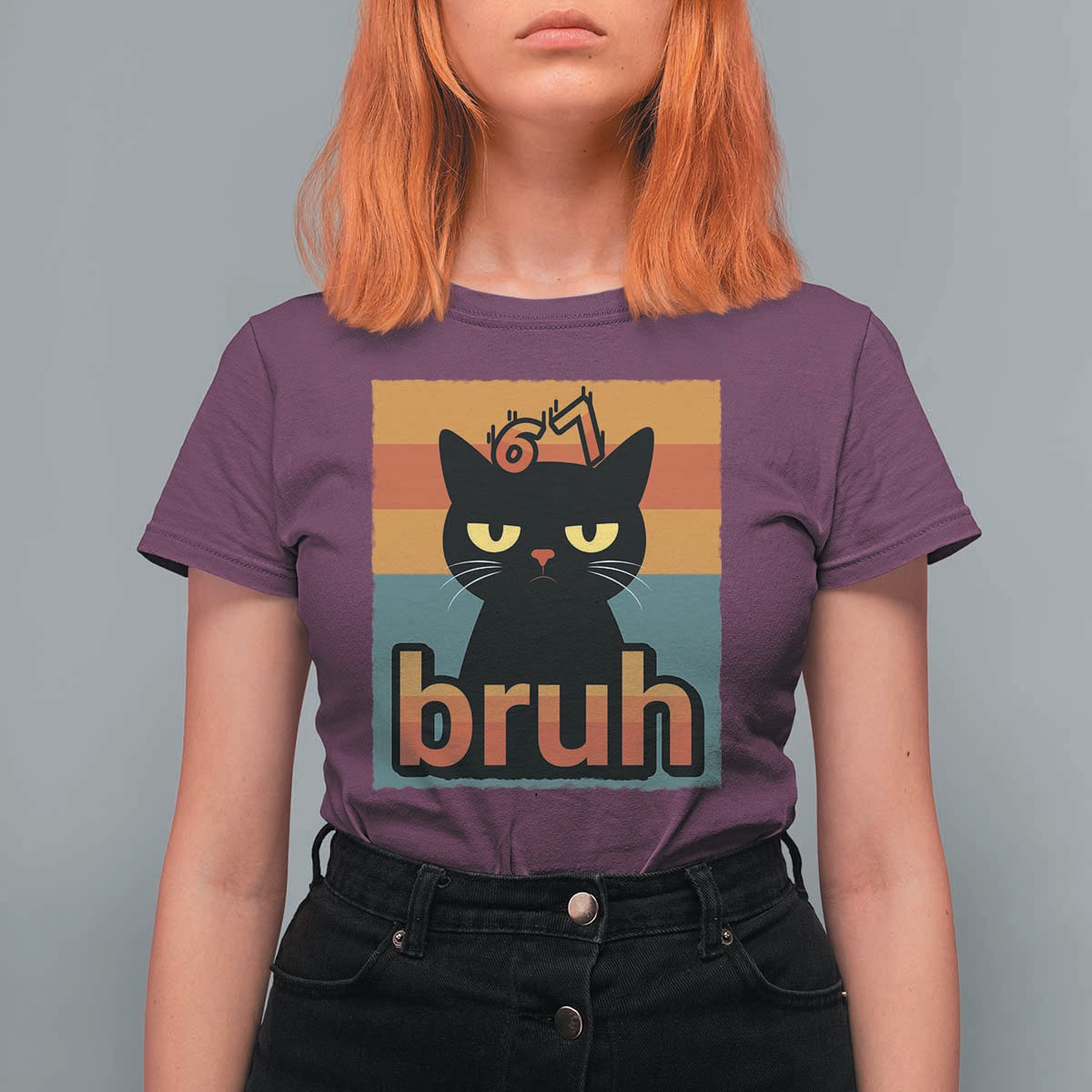 67 Six Seven Bruh Cat Meme T Shirt For Women Cute Black Cat Funny Saying - Wonder Print Shop