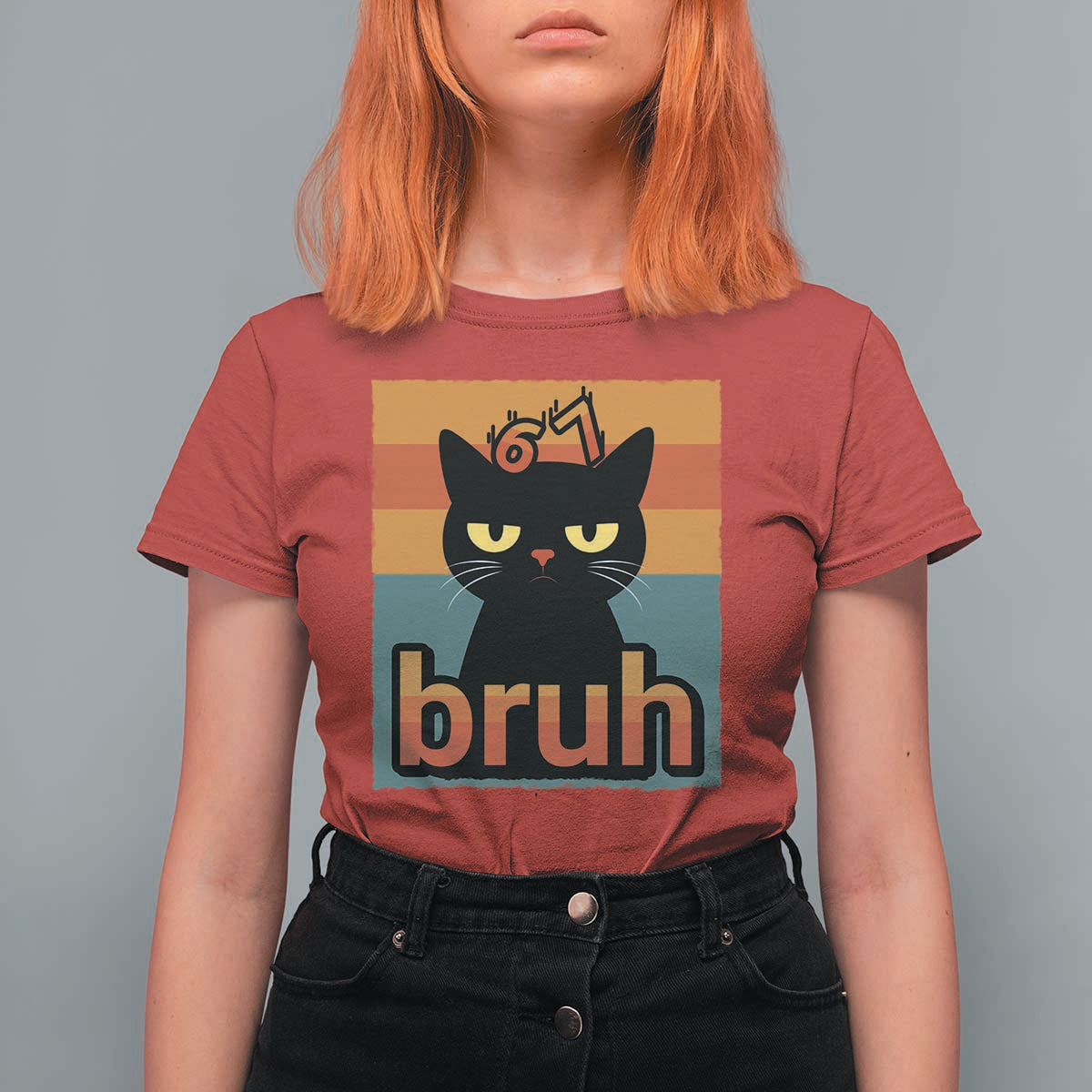 67 Six Seven Bruh Cat Meme T Shirt For Women Cute Black Cat Funny Saying - Wonder Print Shop