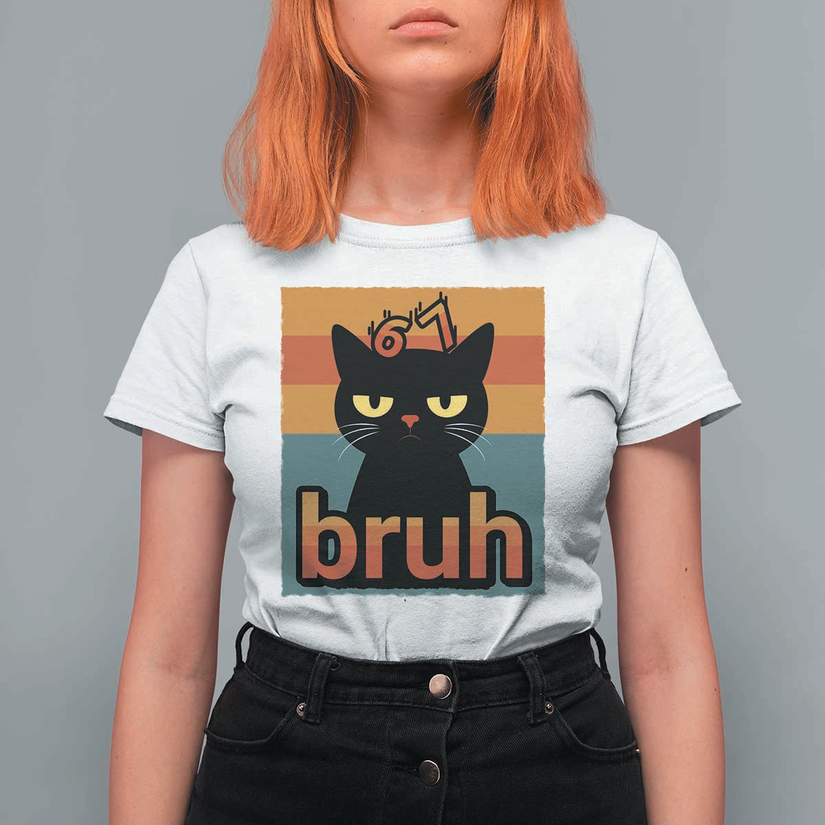 67 Six Seven Bruh Cat Meme T Shirt For Women Cute Black Cat Funny Saying - Wonder Print Shop
