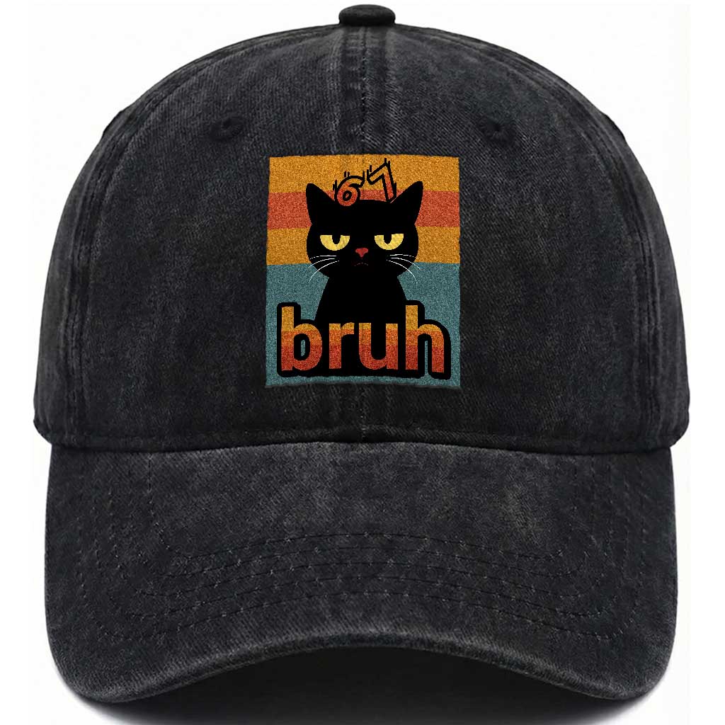 67 Six Seven Bruh Cat Meme Washed Cotton Baseball Cap Cute Black Cat Funny Saying