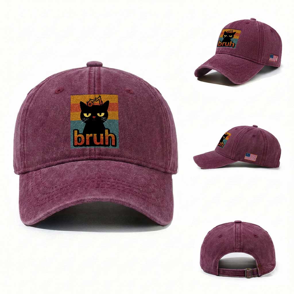 67 Six Seven Bruh Cat Meme Washed Cotton Baseball Cap Cute Black Cat Funny Saying