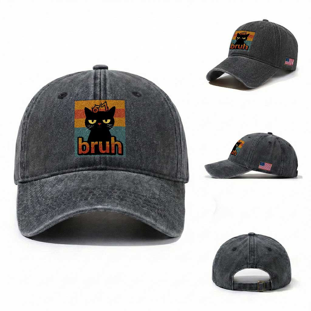 67 Six Seven Bruh Cat Meme Washed Cotton Baseball Cap Cute Black Cat Funny Saying