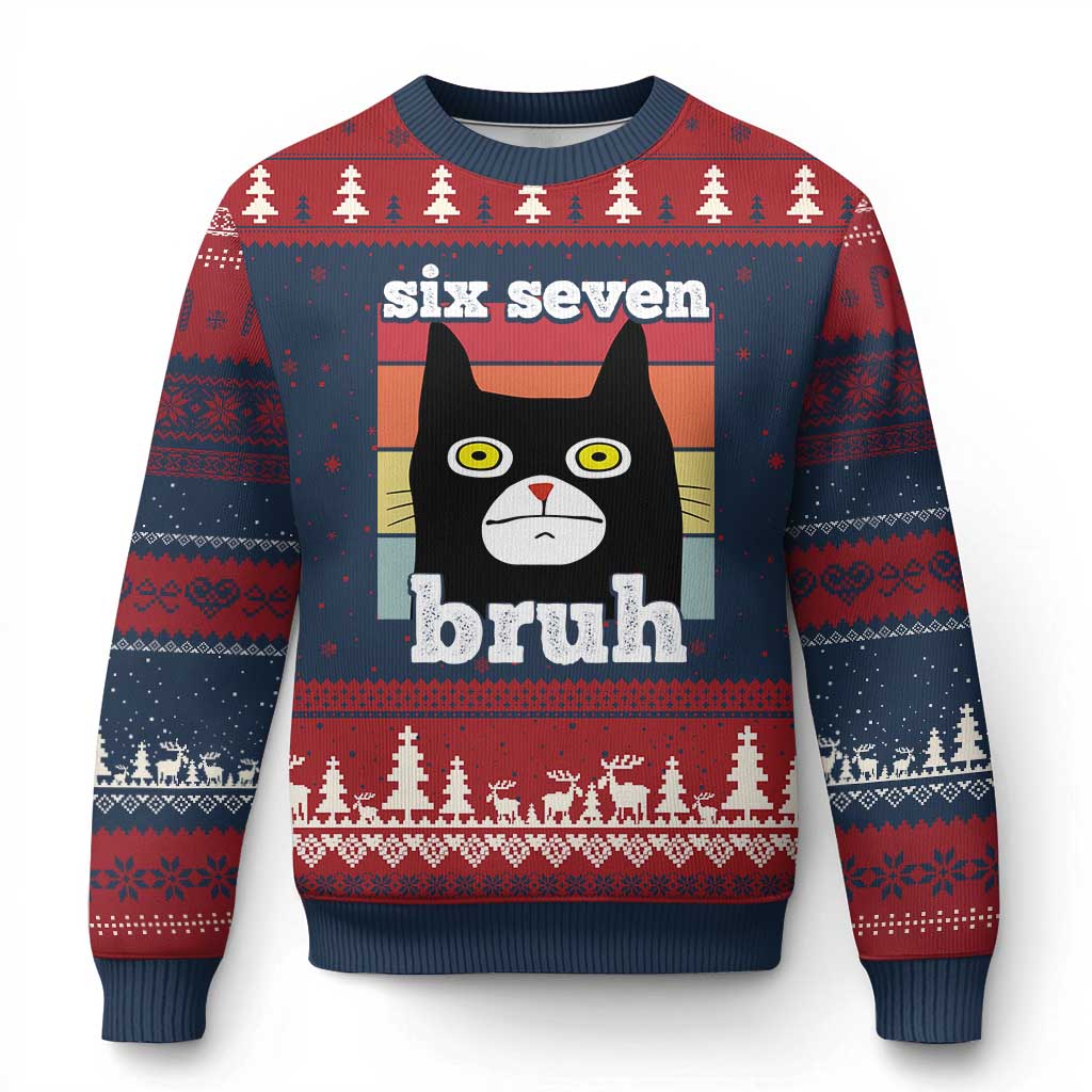 67 Bruh Meme Ugly Christmas Sweater Funny Six Seven Black Cat - Wonder Print Shop