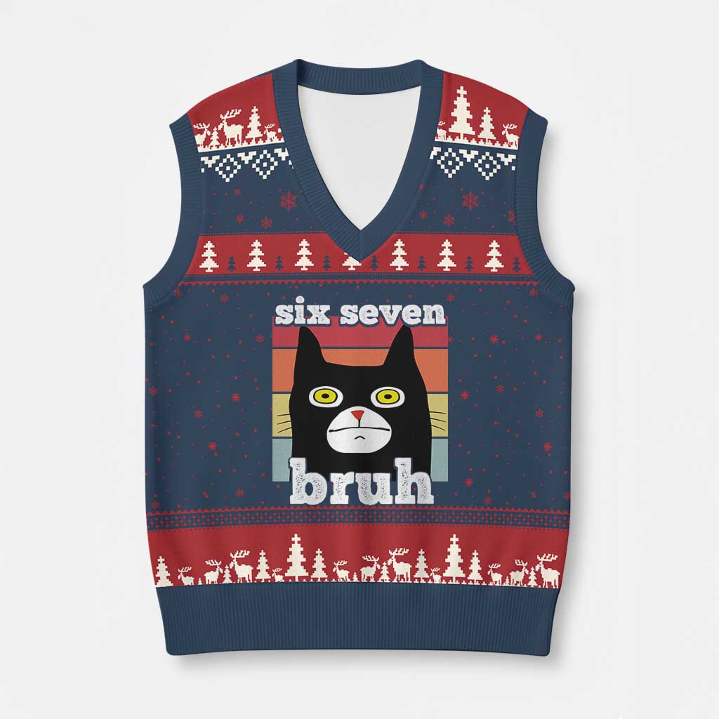 67 Bruh Meme V-Neck Knit Sweater Vest Funny Six Seven Black Cat - Wonder Print Shop