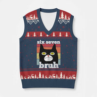 67 Bruh Meme V-Neck Knit Sweater Vest Funny Six Seven Black Cat - Wonder Print Shop