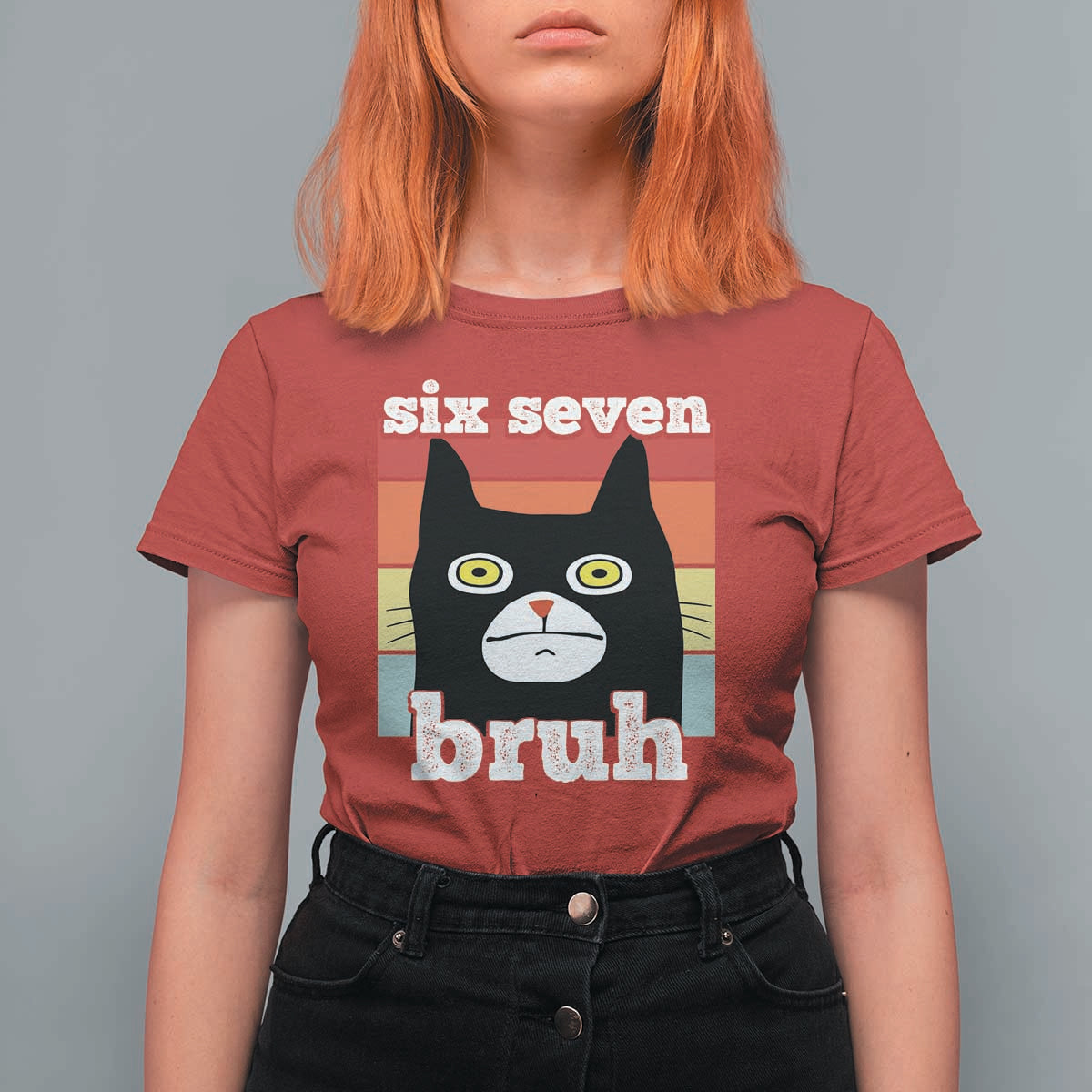 67 Bruh Meme T Shirt For Women Funny Six Seven Black Cat - Wonder Print Shop