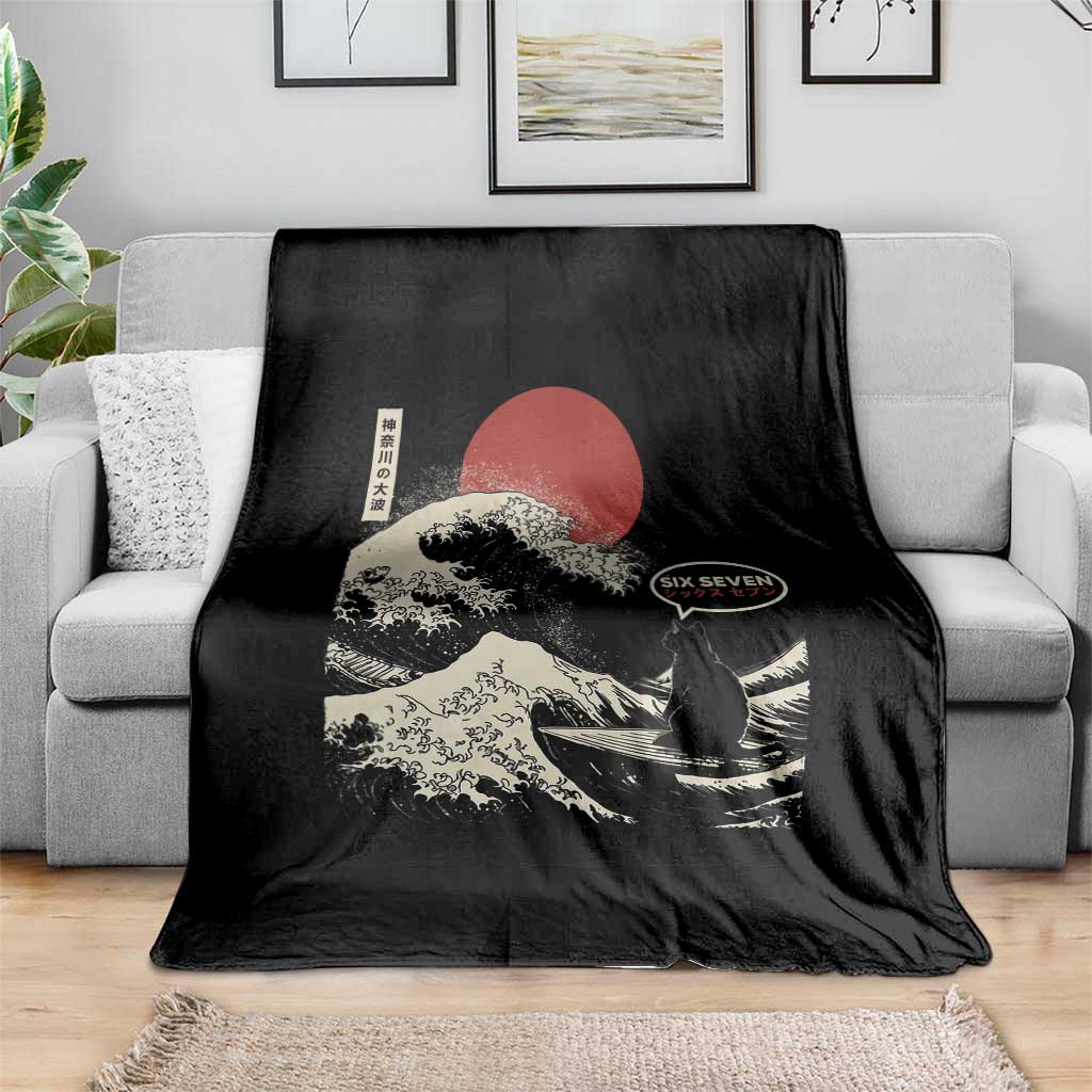 67 Six Seven Bruh Meme Throw Blanket Funny Japanese Black Cat Surfing The Great Wave Kanagawa - Wonder Print Shop