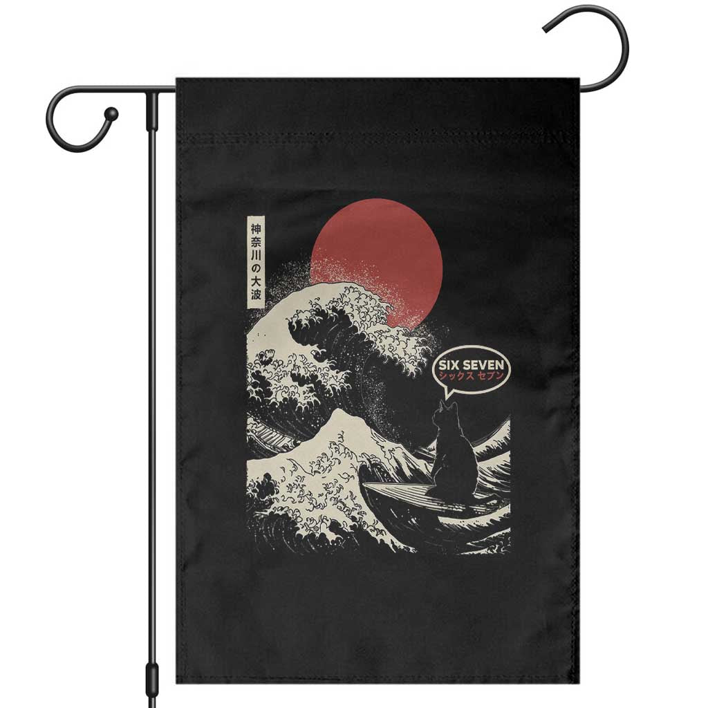 67 Six Seven Bruh Meme Garden Flag Funny Japanese Black Cat Surfing The Great Wave Kanagawa - Wonder Print Shop