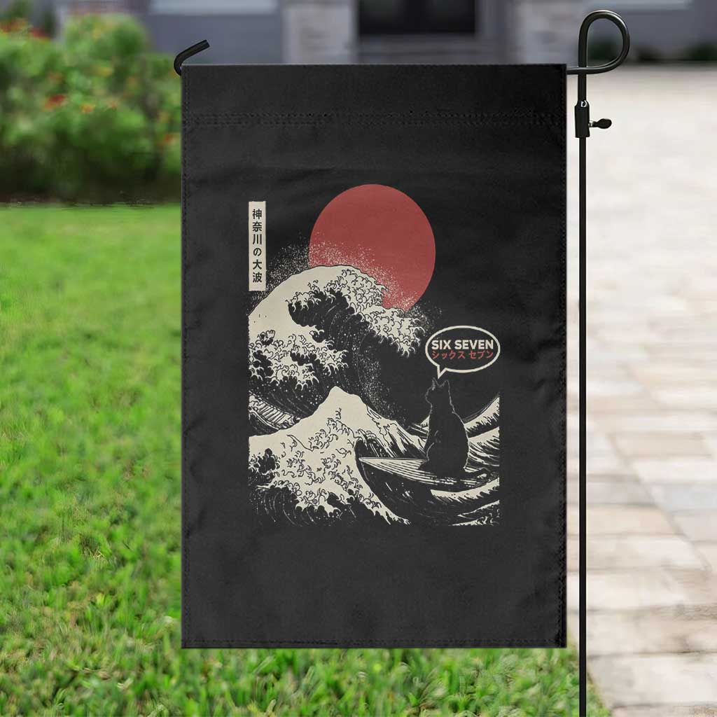 67 Six Seven Bruh Meme Garden Flag Funny Japanese Black Cat Surfing The Great Wave Kanagawa - Wonder Print Shop