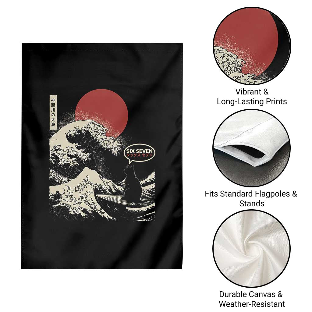 67 Six Seven Bruh Meme Garden Flag Funny Japanese Black Cat Surfing The Great Wave Kanagawa - Wonder Print Shop