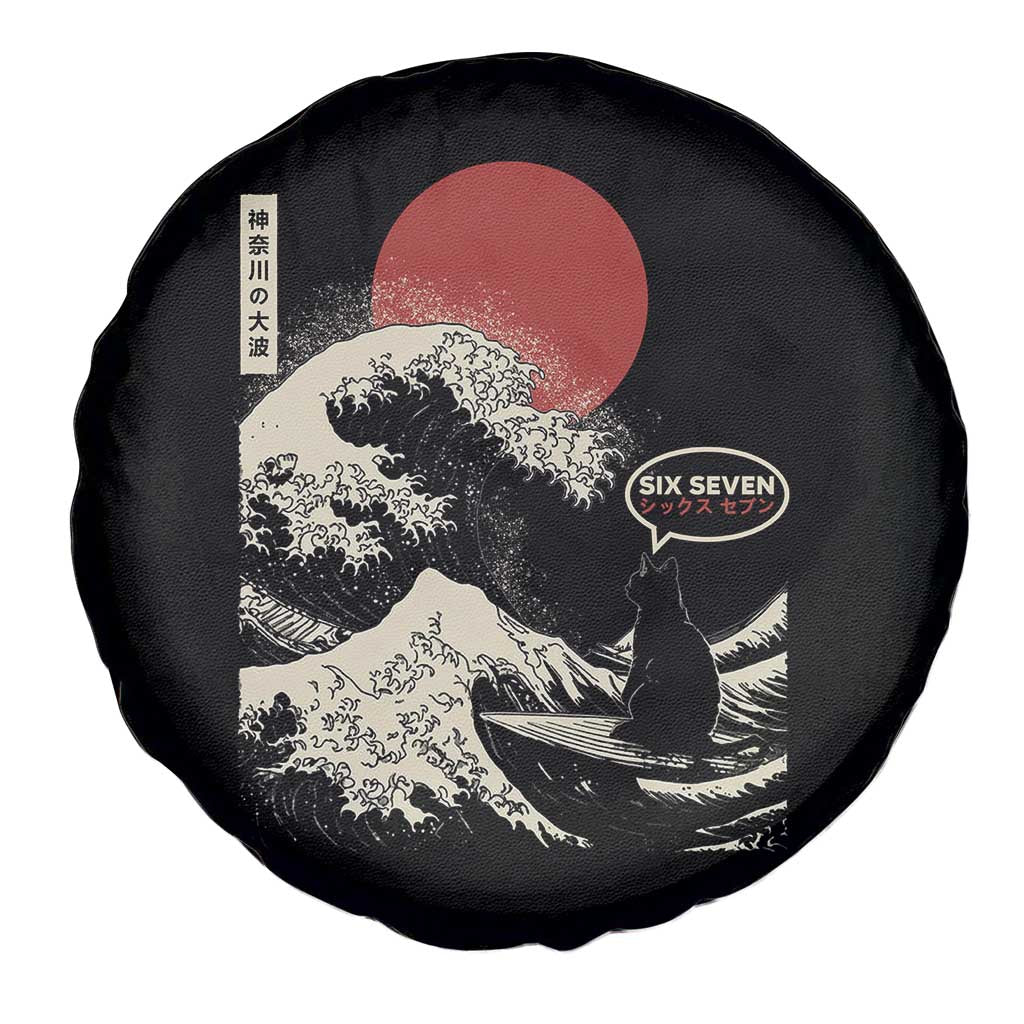 67 Six Seven Bruh Meme Spare Tire Cover Funny Japanese Black Cat Surfing The Great Wave Kanagawa - Wonder Print Shop