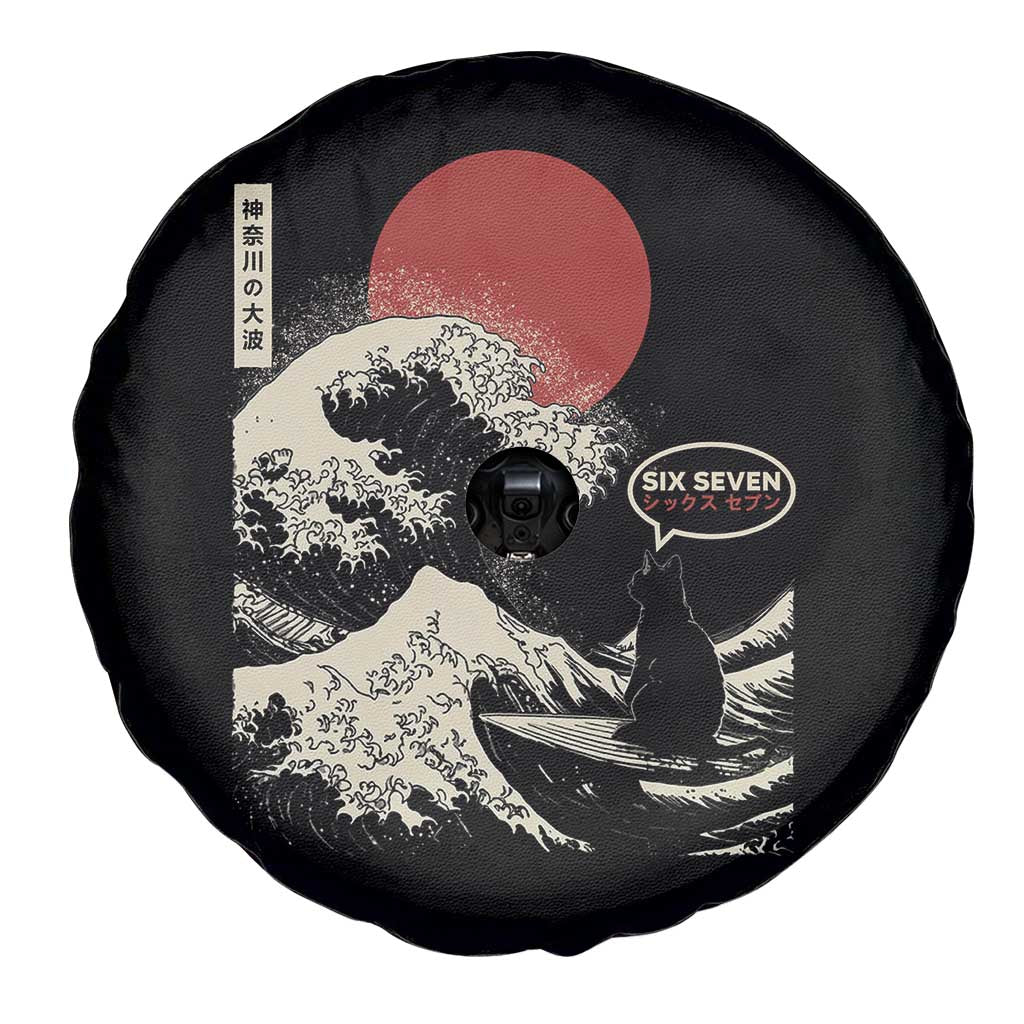67 Six Seven Bruh Meme Spare Tire Cover Funny Japanese Black Cat Surfing The Great Wave Kanagawa - Wonder Print Shop