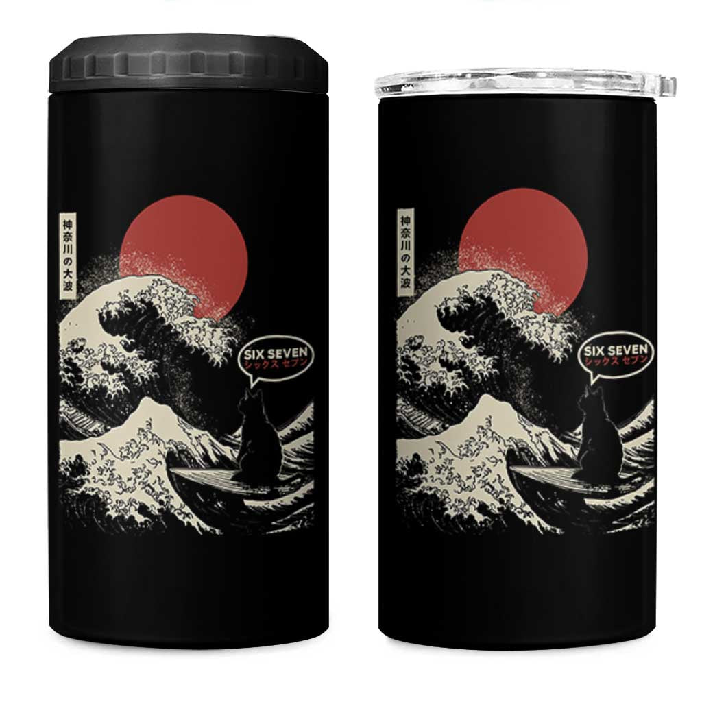 67 Six Seven Bruh Meme 4 in 1 Can Cooler Tumbler Funny Japanese Black Cat Surfing The Great Wave Kanagawa - Wonder Print Shop