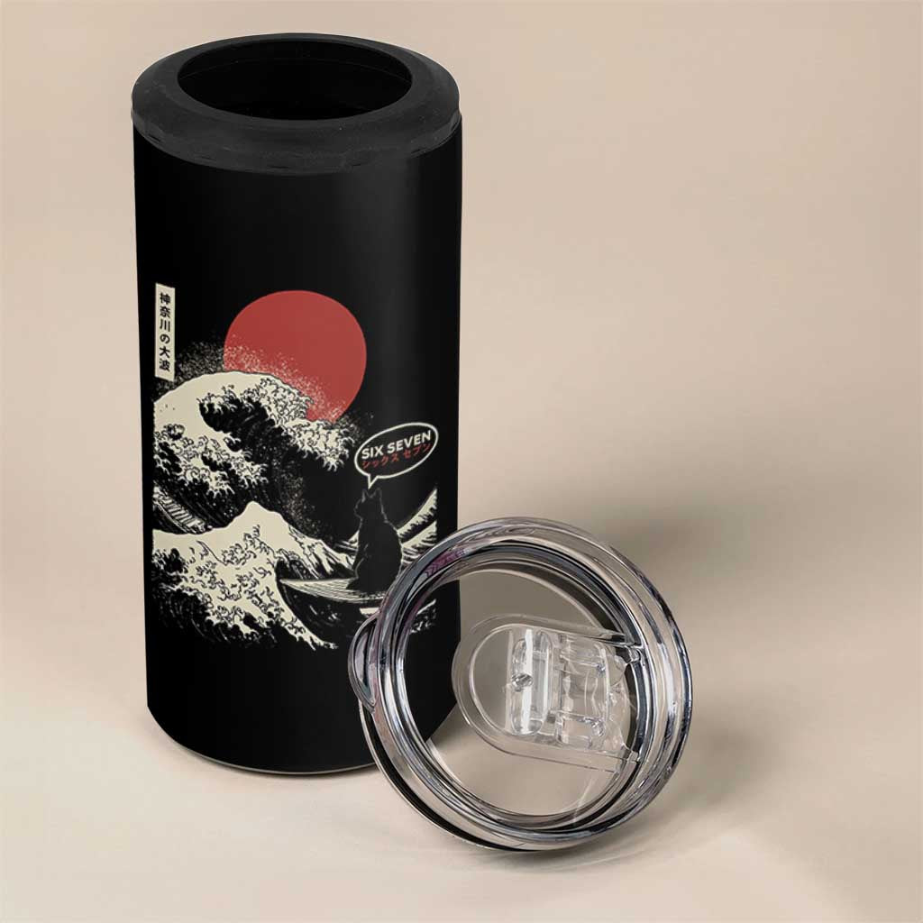 67 Six Seven Bruh Meme 4 in 1 Can Cooler Tumbler Funny Japanese Black Cat Surfing The Great Wave Kanagawa - Wonder Print Shop