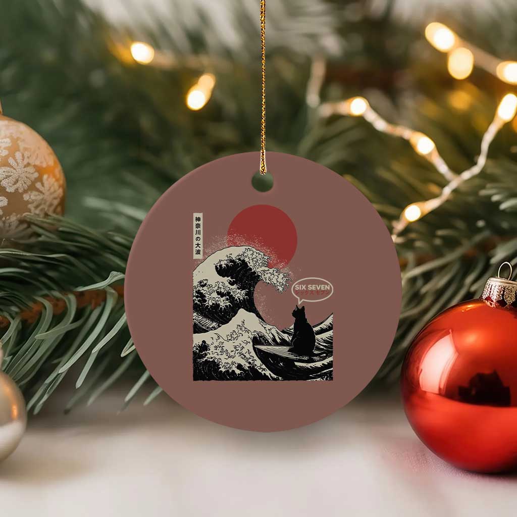 67 Six Seven Bruh Meme Ceramic Ornament Funny Japanese Black Cat Surfing The Great Wave Kanagawa - Wonder Print Shop