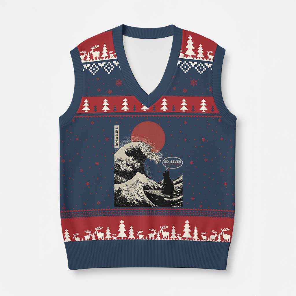 67 Six Seven Bruh Meme V-Neck Knit Sweater Vest Funny Japanese Black Cat Surfing The Great Wave Kanagawa - Wonder Print Shop