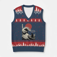 67 Six Seven Bruh Meme V-Neck Knit Sweater Vest Funny Japanese Black Cat Surfing The Great Wave Kanagawa - Wonder Print Shop