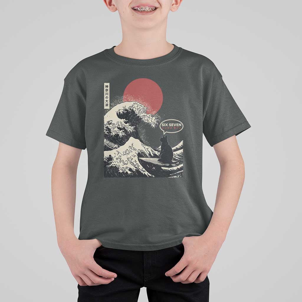 67 Six Seven Bruh Meme T Shirt For Kid Funny Japanese Black Cat Surfing The Great Wave Kanagawa - Wonder Print Shop
