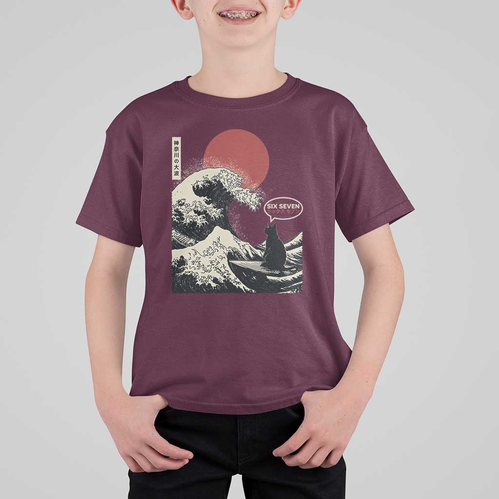 67 Six Seven Bruh Meme T Shirt For Kid Funny Japanese Black Cat Surfing The Great Wave Kanagawa - Wonder Print Shop