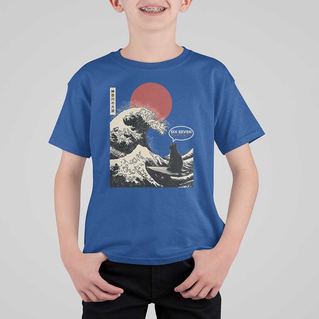 67 Six Seven Bruh Meme T Shirt For Kid Funny Japanese Black Cat Surfing The Great Wave Kanagawa - Wonder Print Shop