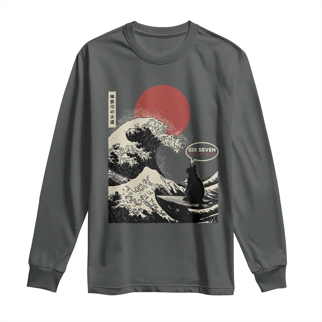 67 Six Seven Bruh Meme Long Sleeve Shirt Funny Japanese Black Cat Surfing The Great Wave Kanagawa - Wonder Print Shop