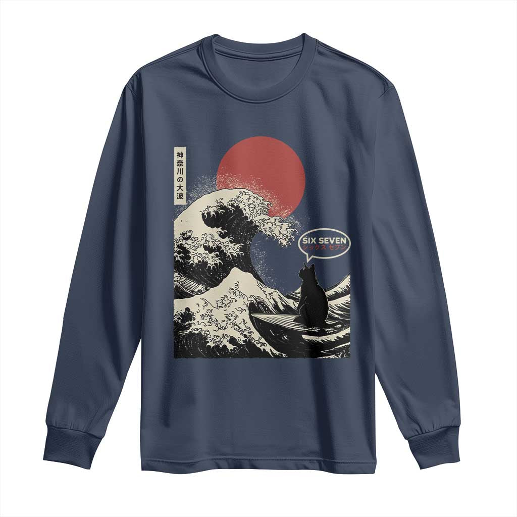 67 Six Seven Bruh Meme Long Sleeve Shirt Funny Japanese Black Cat Surfing The Great Wave Kanagawa - Wonder Print Shop