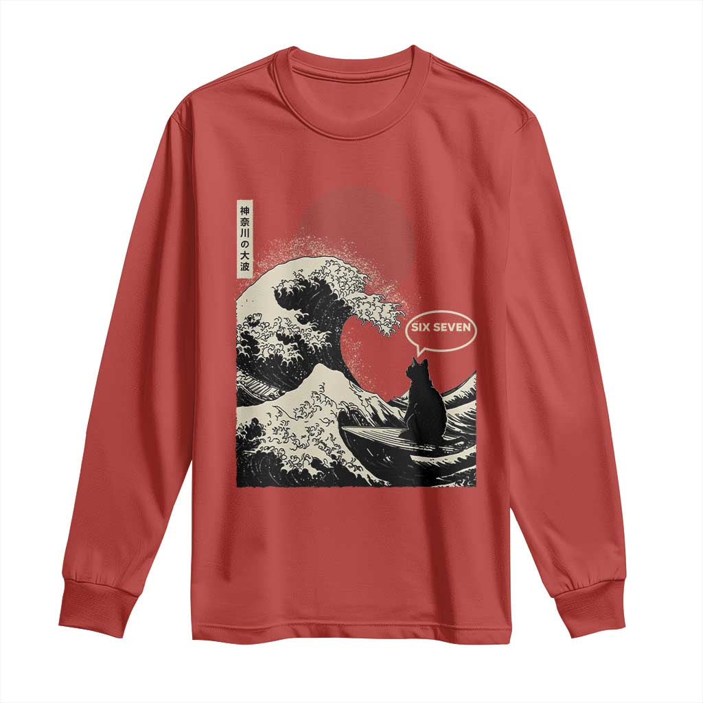 67 Six Seven Bruh Meme Long Sleeve Shirt Funny Japanese Black Cat Surfing The Great Wave Kanagawa - Wonder Print Shop