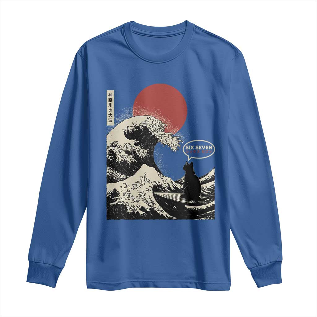 67 Six Seven Bruh Meme Long Sleeve Shirt Funny Japanese Black Cat Surfing The Great Wave Kanagawa - Wonder Print Shop
