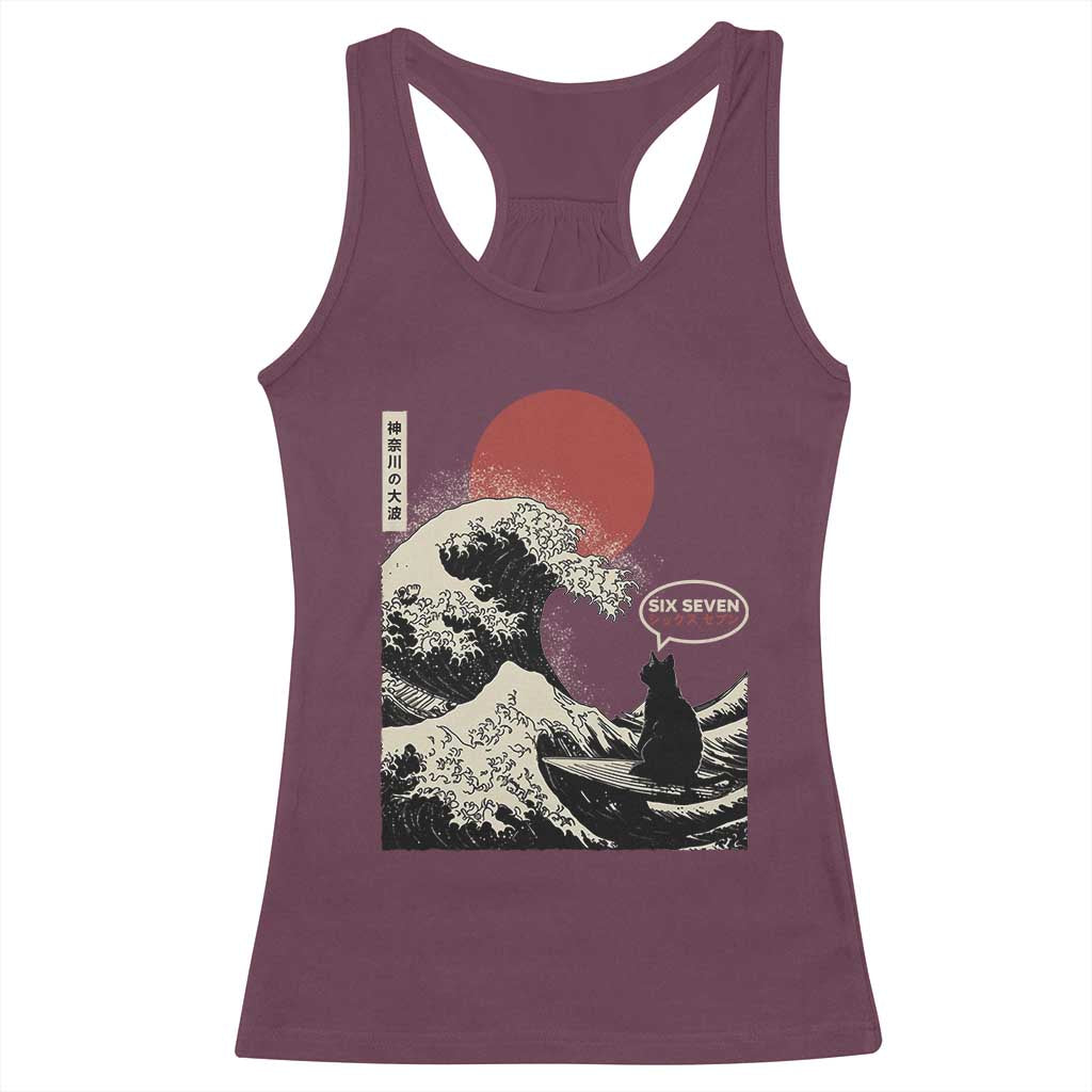 67 Six Seven Bruh Meme Racerback Tank Top Funny Japanese Black Cat Surfing The Great Wave Kanagawa - Wonder Print Shop