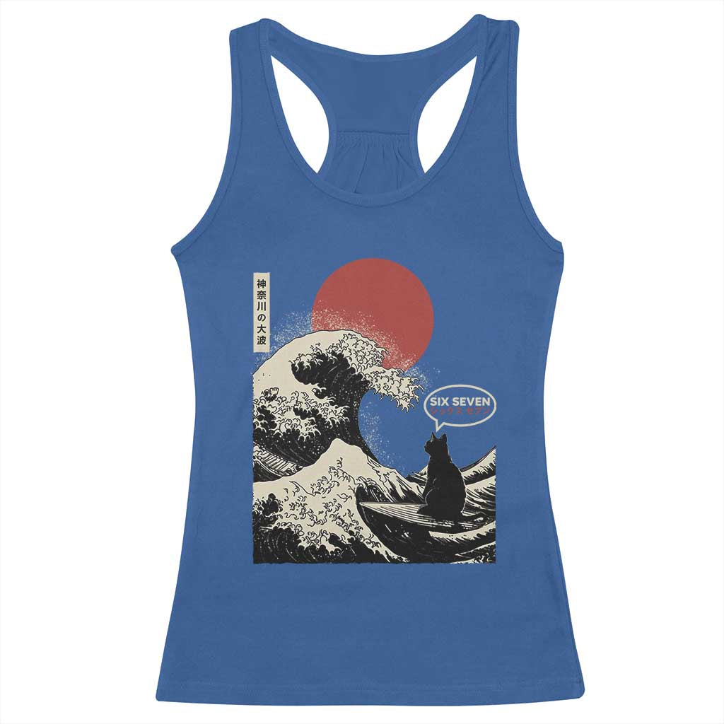 67 Six Seven Bruh Meme Racerback Tank Top Funny Japanese Black Cat Surfing The Great Wave Kanagawa - Wonder Print Shop