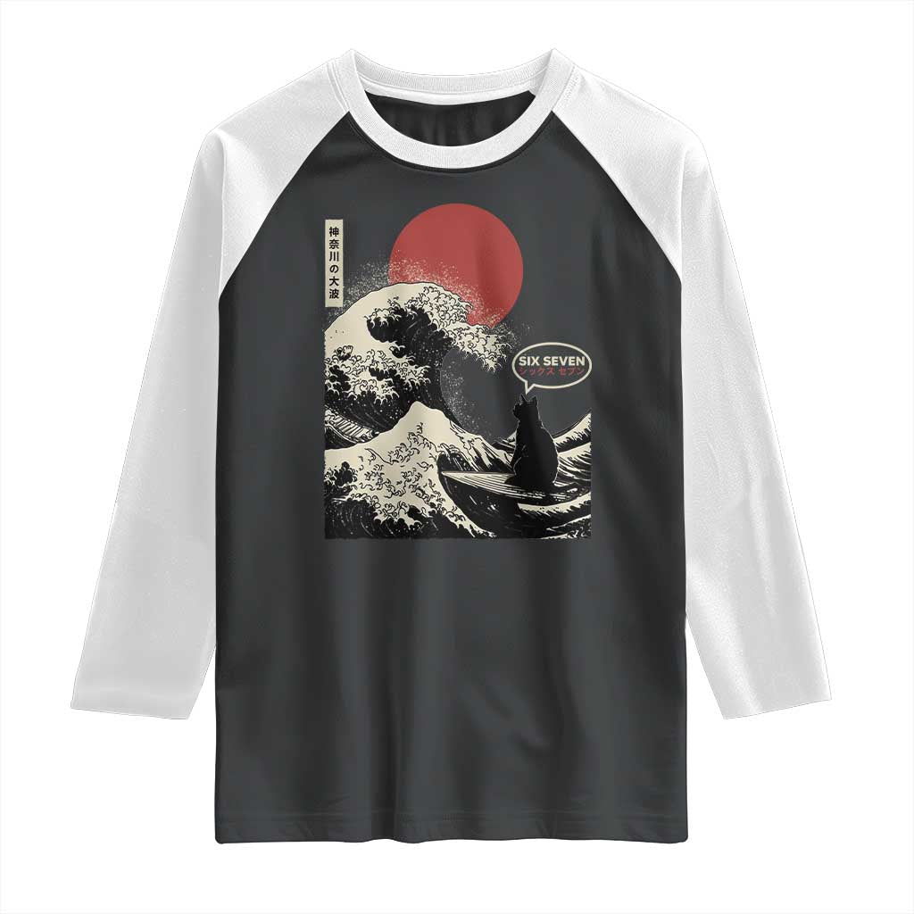 67 Six Seven Bruh Meme Raglan Shirt Funny Japanese Black Cat Surfing The Great Wave Kanagawa - Wonder Print Shop