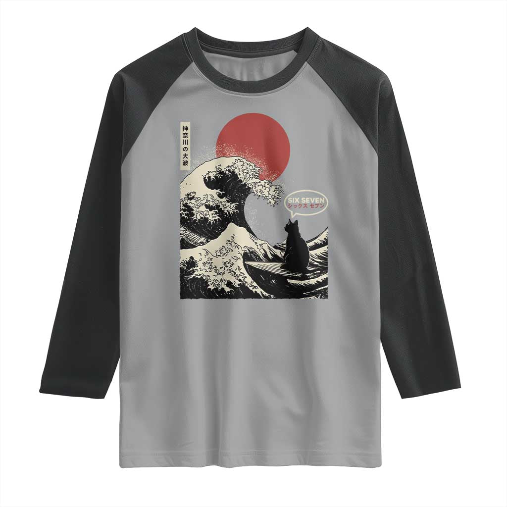 67 Six Seven Bruh Meme Raglan Shirt Funny Japanese Black Cat Surfing The Great Wave Kanagawa - Wonder Print Shop