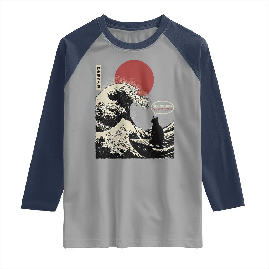 67 Six Seven Bruh Meme Raglan Shirt Funny Japanese Black Cat Surfing The Great Wave Kanagawa - Wonder Print Shop
