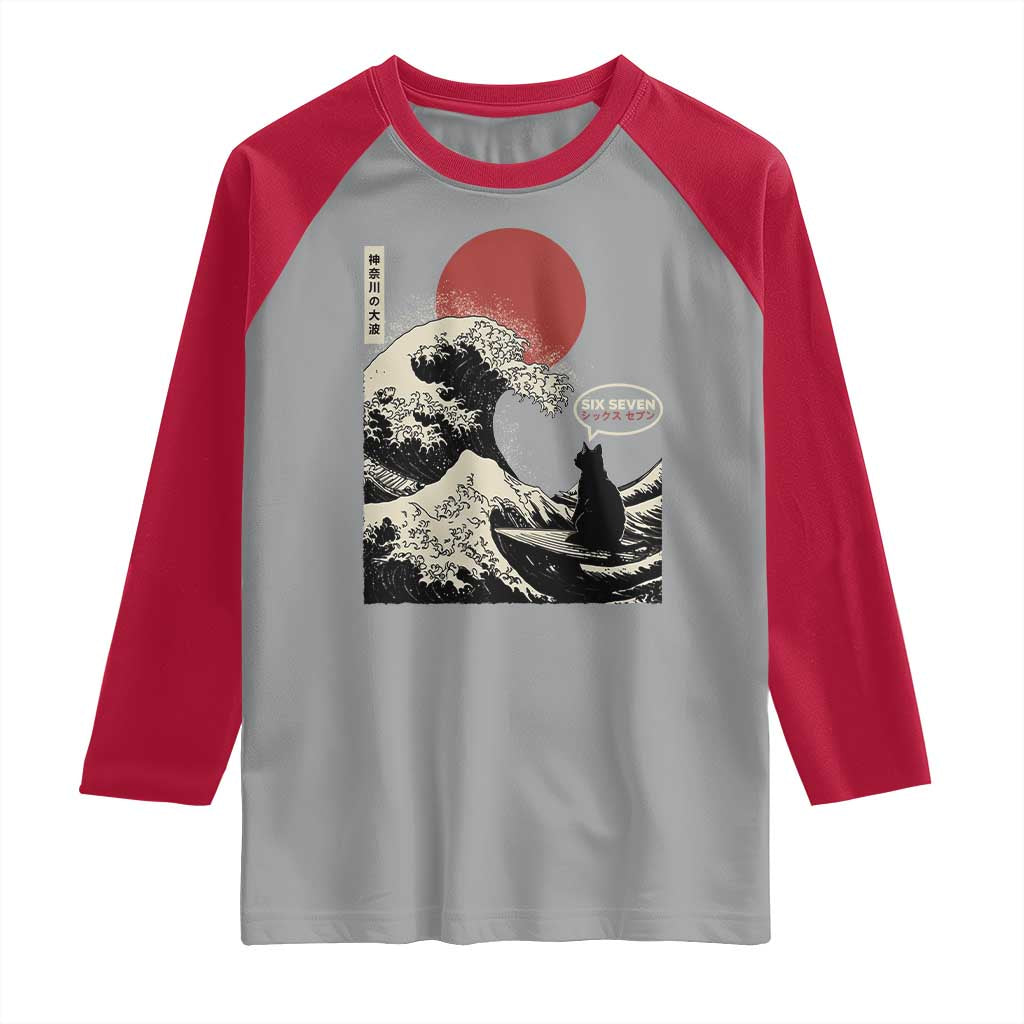 67 Six Seven Bruh Meme Raglan Shirt Funny Japanese Black Cat Surfing The Great Wave Kanagawa - Wonder Print Shop