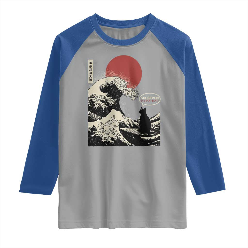 67 Six Seven Bruh Meme Raglan Shirt Funny Japanese Black Cat Surfing The Great Wave Kanagawa - Wonder Print Shop