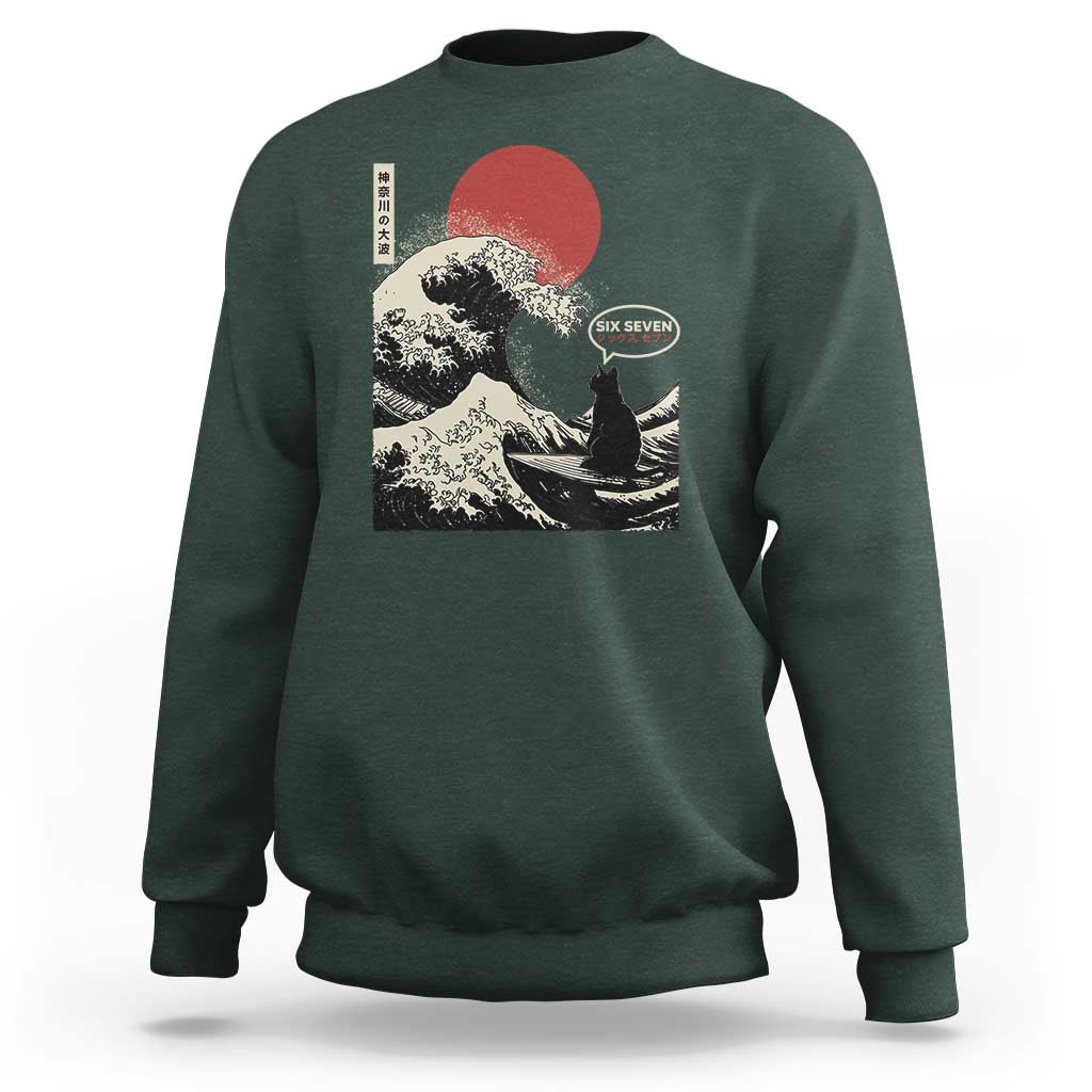 67 Six Seven Bruh Meme Sweatshirt Funny Japanese Black Cat Surfing The Great Wave Kanagawa - Wonder Print Shop