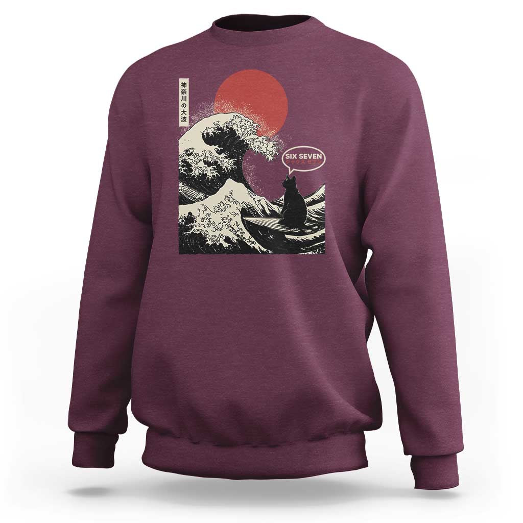 67 Six Seven Bruh Meme Sweatshirt Funny Japanese Black Cat Surfing The Great Wave Kanagawa - Wonder Print Shop