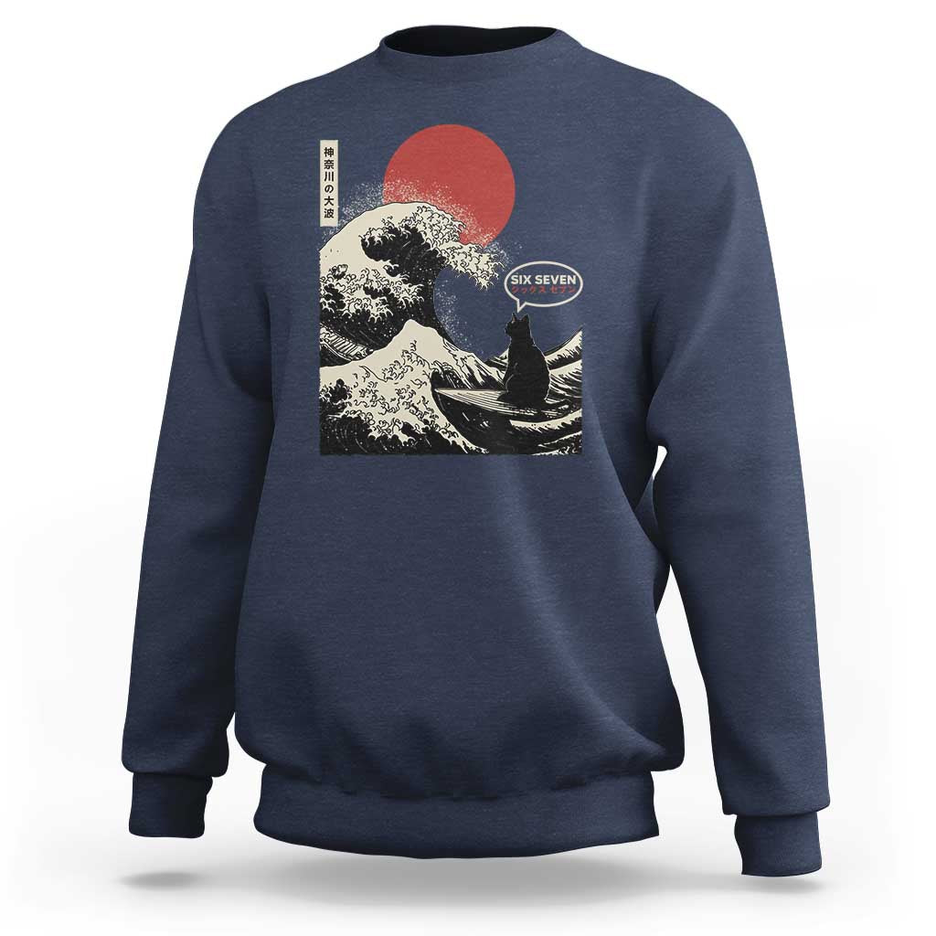 67 Six Seven Bruh Meme Sweatshirt Funny Japanese Black Cat Surfing The Great Wave Kanagawa - Wonder Print Shop