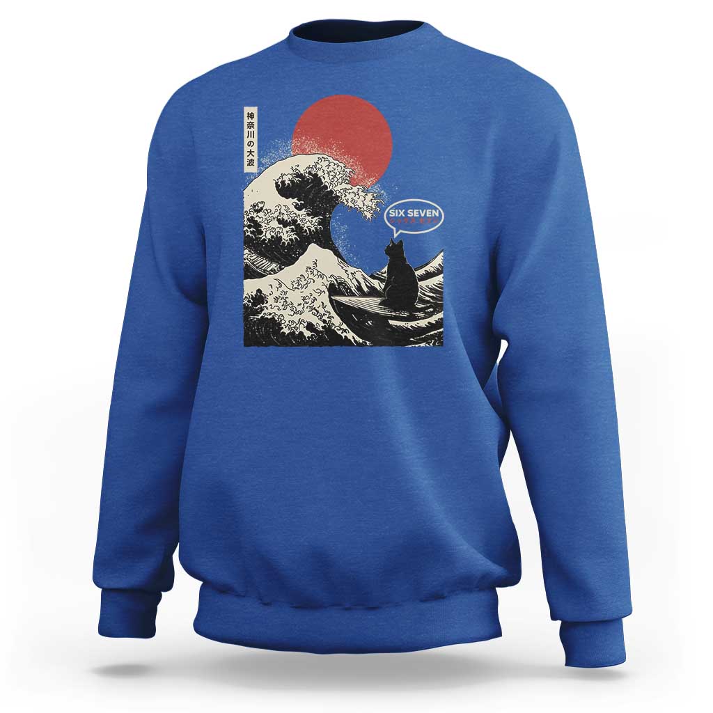 67 Six Seven Bruh Meme Sweatshirt Funny Japanese Black Cat Surfing The Great Wave Kanagawa - Wonder Print Shop