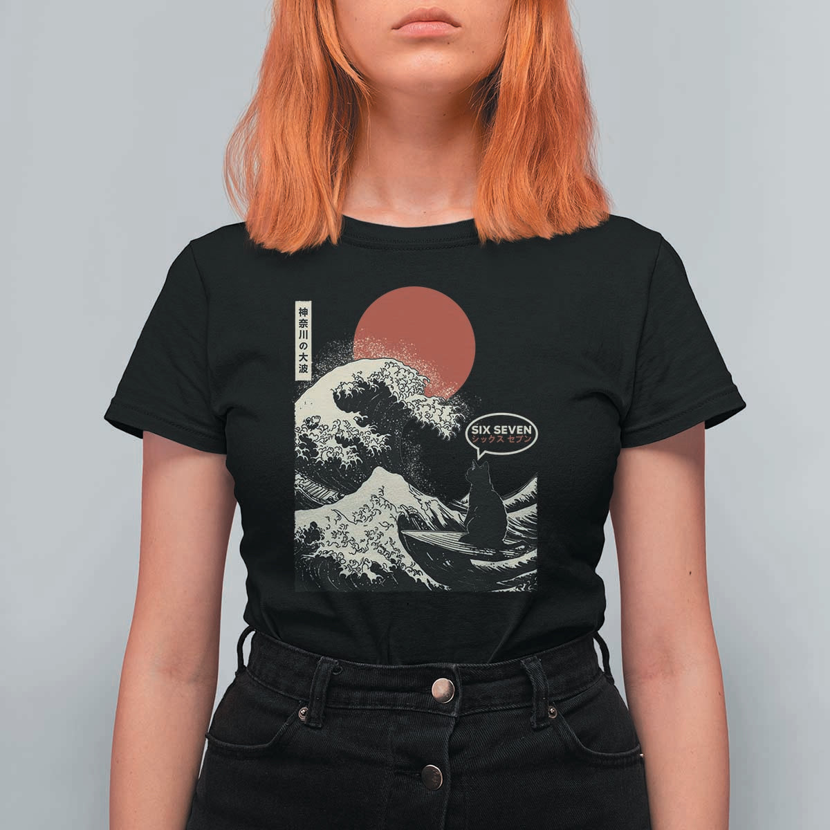 67 Six Seven Bruh Meme T Shirt For Women Funny Japanese Black Cat Surfing The Great Wave Kanagawa - Wonder Print Shop