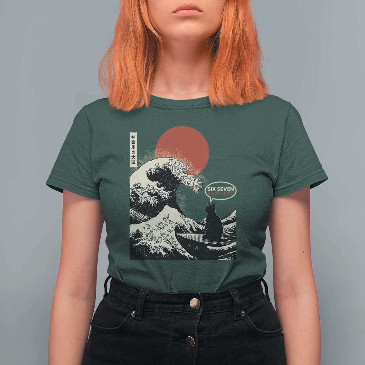 67 Six Seven Bruh Meme T Shirt For Women Funny Japanese Black Cat Surfing The Great Wave Kanagawa - Wonder Print Shop