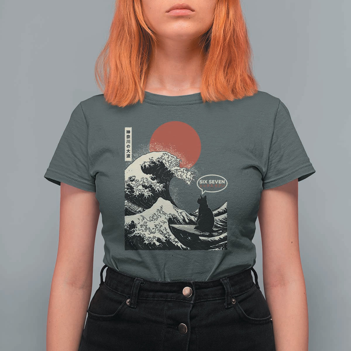 67 Six Seven Bruh Meme T Shirt For Women Funny Japanese Black Cat Surfing The Great Wave Kanagawa - Wonder Print Shop